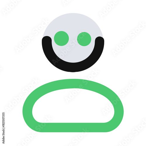 Friendly minimalist character icon with rounded shapes and smiley face, colorful design, 
