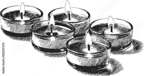 Tealight candles sketch hand drawn style with five burning candles in glass holders. Vector illustration