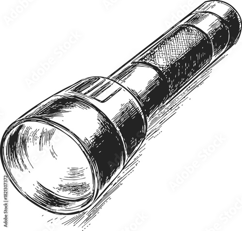 Flashlight sketch hand drawn style with detailed cylindrical body and textured grip. Vector illustration
