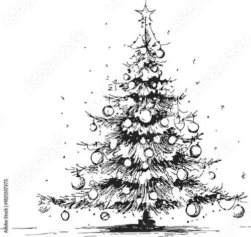Christmas tree sketch hand drawn with ornaments and star, festive holiday scene. Vector illustration