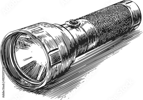 Flashlight sketch hand drawn detailed vintage style with textured handle. Vector illustration