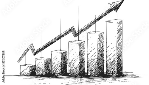 Bar chart sketch with upward arrow, hand drawn style, representing growth or success. Vector illustration