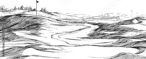 Golf course landscape sketch, hand drawn rolling fairways, sand bunkers, distant flag, natural terrain. Vector illustration