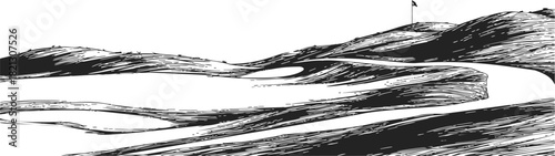 Golf course landscape, sketch hand drawn style with rolling hills and flag. Vector illustration