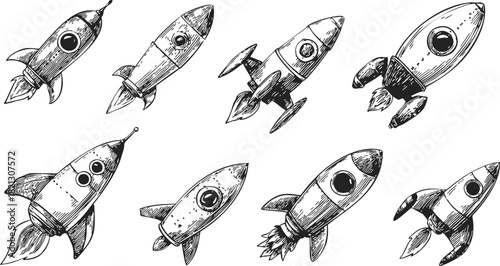 Rocket ships sketch hand drawn set with various retro spaceship designs. Vector illustration