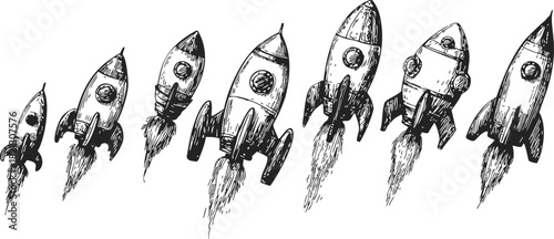 Rocket ships sketch hand drawn in various launch positions with smoke trails. Vector illustration