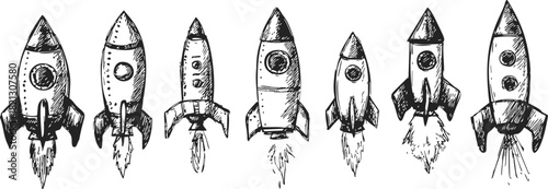 Rocket ships sketch hand drawn set with various retro spaceship designs and launch flames. Vector illustration