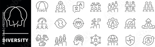Diversity icon set. Diversity thin line vector icons. Equality, culture, languages, tolerance, difference, belonging, ethnicity, people related icons. Editable stroke icons collection
