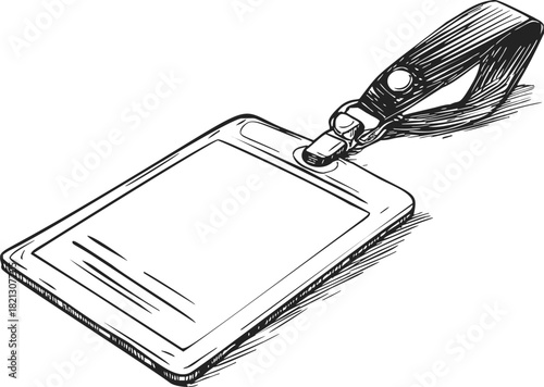 ID badge hand drawn sketch with lanyard, blank identification card holder. Vector illustration