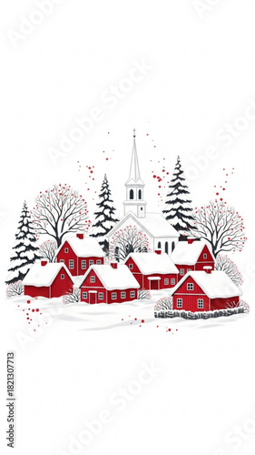 Snowy Nordic Village with Red Houses and Church Illustration