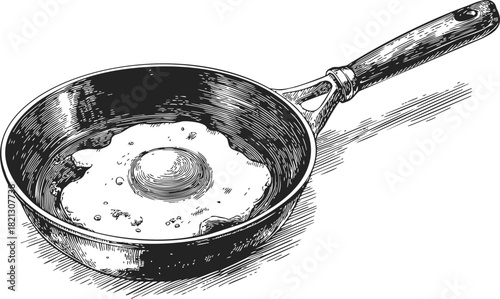 Frying pan sketch with fried egg, hand drawn kitchen utensil illustration. Vector illustration