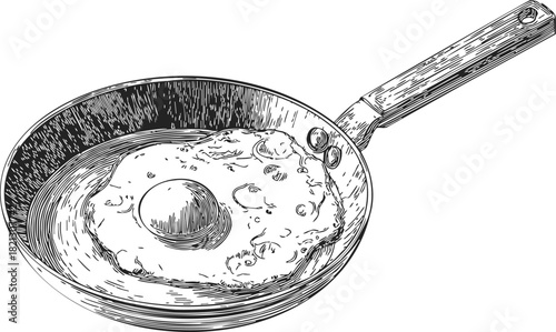 Fried egg in frying pan sketch, hand drawn kitchen utensil and breakfast food. Vector illustration