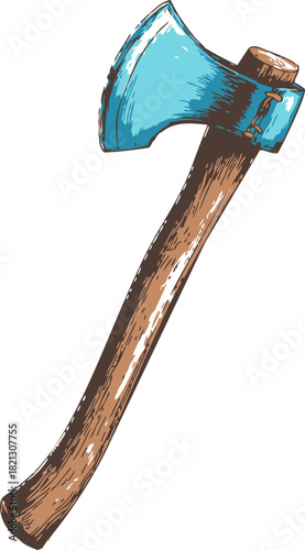 Axe sketch hand drawn rustic hatchet with wooden handle and blue metal blade. Vector illustration