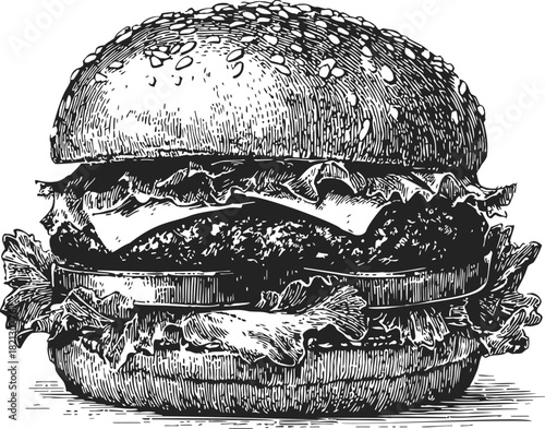 Burger sketch hand drawn with sesame bun, lettuce, cheese, tomato, and patty. Vector illustration