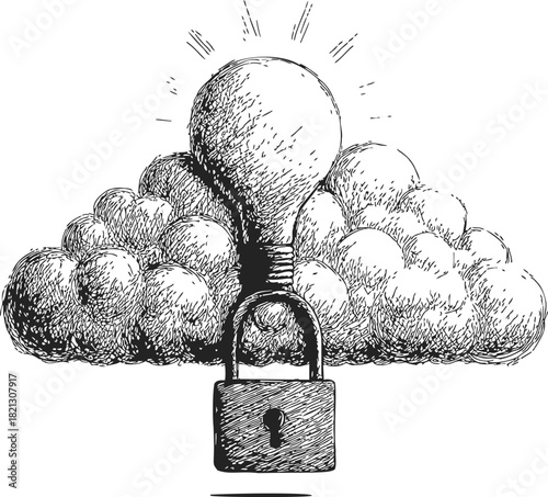 Light bulb with padlock and cloud sketch, hand drawn concept of protected ideas. Vector illustration