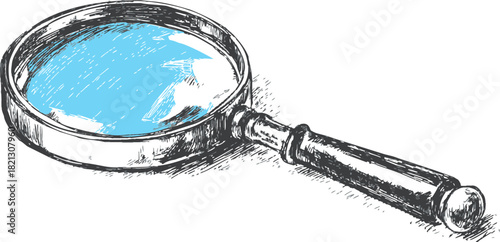 Magnifying glass sketch hand drawn with blue reflection isolated on white. Vector illustration