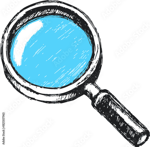 Magnifying glass sketch hand drawn style with blue lens and detailed handle. Vector illustration