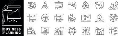 Business planning thin line icons. Business vector icon set. Strategy, teamwork, partnership, startup, finance, planning, business related icons. Editable stroke Vector icons.