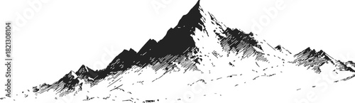 Mountain peak sketch, hand drawn vector, rugged alpine landscape with detailed shading. Vector illustration