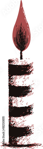 Candle hand drawn sketch with burgundy flame and wrapped black white striped wax. Vector illustration