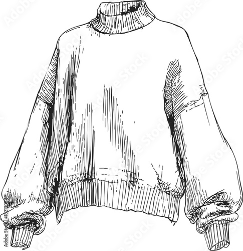 Turtleneck sweater, hand drawn sketch, oversized silhouette with voluminous sleeves. Vector illustration