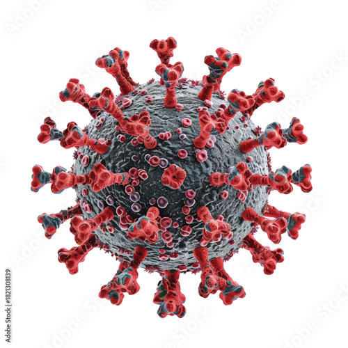 Highly Detailed 3D Virus Model Featuring Spike Proteins, Realistic Surface Texture, and Structural Details, Isolated on a Clean White Background for Scientific, Educational, and Research Use.