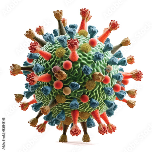 Highly Detailed 3D Virus Model Featuring Spike Proteins, Realistic Surface Texture, and Structural Details, Isolated on a Clean White Background for Scientific, Educational, and Research Use.