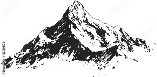 Mountain peak sketch, hand drawn vector, rugged rocky summit with snow accents. Vector illustration