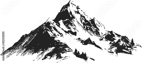 Mountain peak sketch, hand drawn vector, rugged snow-capped summit with rocky slopes. Vector illustration