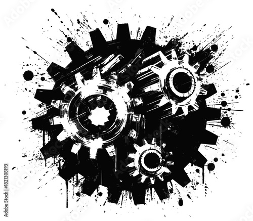 A bold black and white composition featuring interlocking gears and cogs rendered with splatter textures. This dynamic graphic conveys motion, engineering, innovation,.