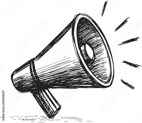 Megaphone sketch hand drawn style with sound lines and textured shading. Vector illustration