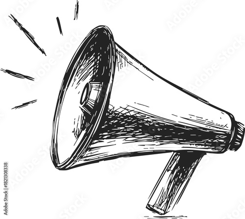 Megaphone hand drawn sketch, loudspeaker bullhorn with motion lines. Vector illustration