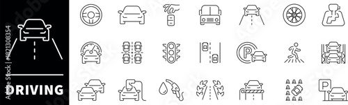 Car driving vector icons. Driving icon set. Street, highway, traffic light, signpost, directions, parking, route, GPS, drive, crosswalk, driving related icons. Driving concept outline icon set