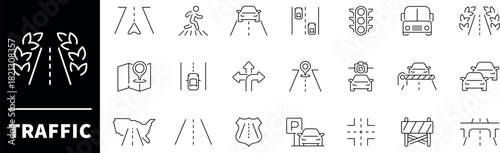 Traffic vector icons set. Symbols with traffic lights, road network, city street, traffic jam and pedestrian crossing related icons.  Thin line traffic icons collection.