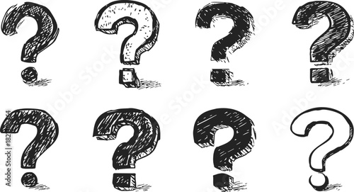 Question mark sketch hand drawn set, various grunge ink styles. Vector illustration