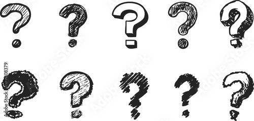 Question mark sketch hand drawn set, various grunge and doodle styles. Vector illustration