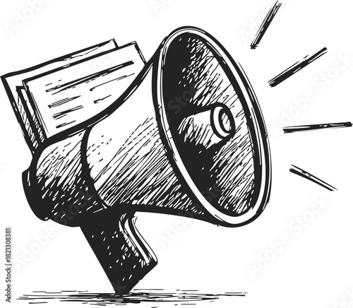 Megaphone sketch hand drawn style with sound lines and paper sheets. Vector illustration