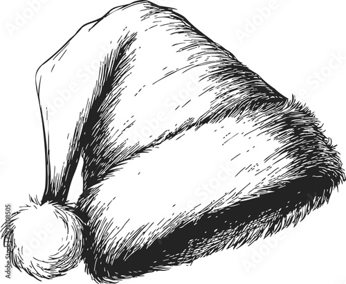 Santa hat, hand drawn sketch with fur trim and pompom. Vector illustration