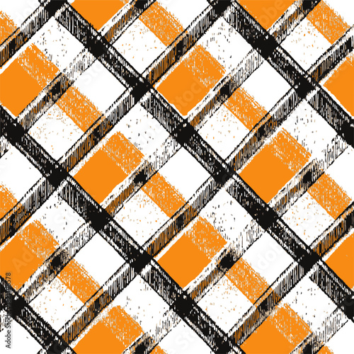 Plaid pattern hand drawn sketch, orange black white tartan texture. Vector illustration