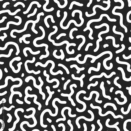 Abstract squiggle pattern seamless sketch, hand drawn white lines on black background. Vector illustration