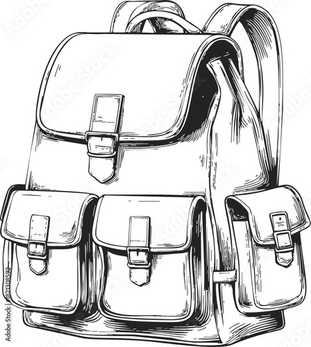 Backpack sketch hand drawn with multiple pockets and buckles in vintage style. Vector illustration