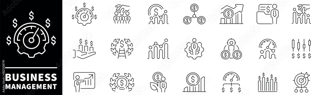 Fototapeta premium Business management line icons set. Business management thin outline icons pack. Management icon collection. Business related icons