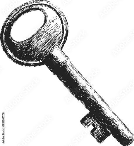 Skeleton key, hand drawn sketch with cross-hatching, vintage antique style. Vector illustration