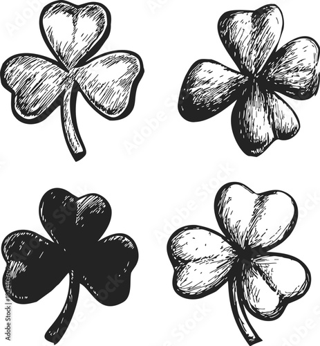 Shamrock, hand drawn sketch style, four leaf clover variations with line art details. Vector illustration