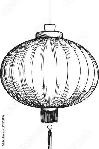 Chinese lantern sketch, hand drawn round paper lantern with tassel, traditional festive decor. Vector illustration