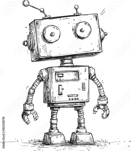Robot sketch hand drawn with large square head, antennas, and mechanical arms. Vector illustration