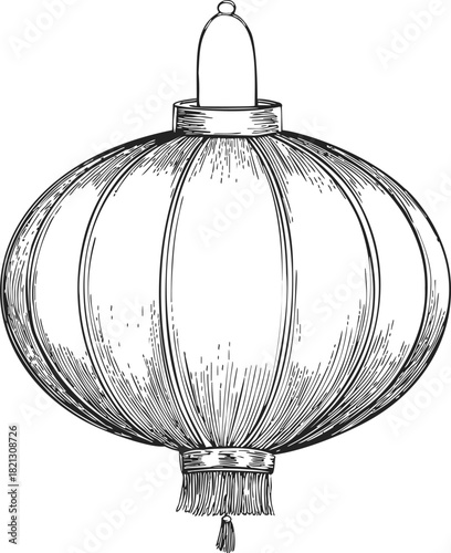Chinese lantern sketch, hand drawn round paper lantern with tassel detail. Vector illustration