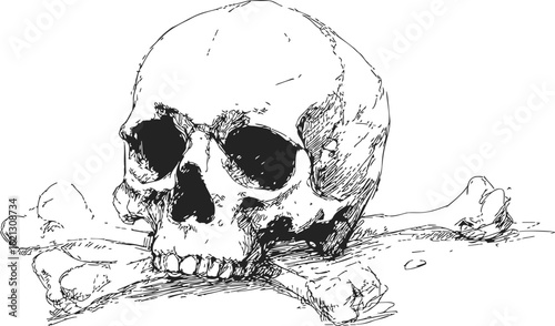 Skull hand drawn sketch with crossed bones, detailed line art style. Vector illustration