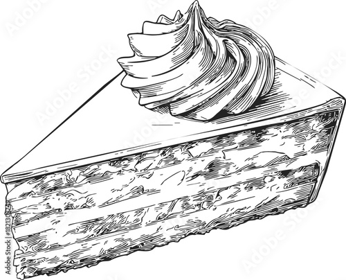 Slice of cake sketch hand drawn with whipped cream topping. Vector illustration