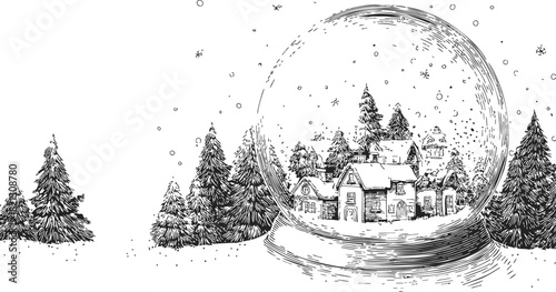 Snow globe sketch, hand drawn winter village scene with pine trees and falling snow. Vector illustration